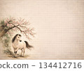 A simple Japanese-style painting of a white horse and plum blossoms 134412716
