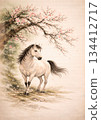 A simple Japanese-style painting of a white horse and plum blossoms 134412717