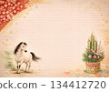 New Year's card material with a white horse and Kadomatsu pattern 134412720