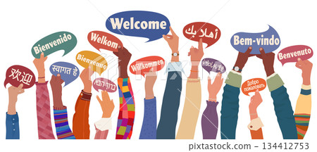 Multicultural raised hands holding welcome speech bubbles in many languages global 134412753