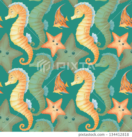 Cartoon seamless pattern of cute marine animals, sea life 134412818