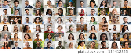 A vibrant collection of joyful faces representing various cultures and ethnic backgrounds. Each person shares a smile that reflects a unique story and lifestyle in this lively collage. 134412833