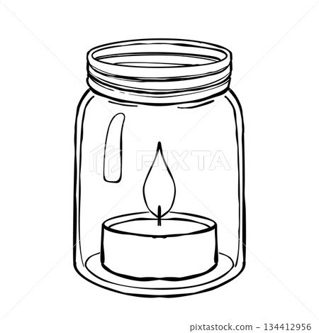 Glass jar candle lantern with burning tealight flame cozy home decor element in hand drawn line art isolated on white background Glass jar candle lantern with burning tealight flame cozy home decor element in hand drawn line art isolated on white background 134412956