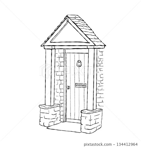Hand drawn cottage front door with stone porch columns and gable roof entrance isolated on white background for home decor and real estate design 134412964