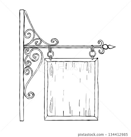 Vintage wrought iron bracket with blank wooden hanging signboard black and white outline rustic storefront pub inn cafe signage template with ornamental scrollwork 134412985