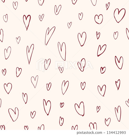 Hand drawn red heart doodle pattern on soft cream background romantic seamless texture for valentines day wedding wrapping paper and textiles 134412993