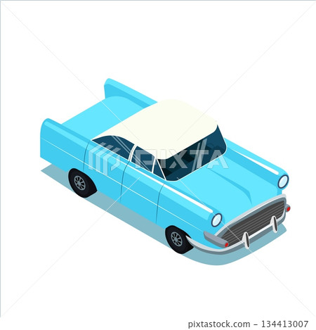 Blue vintage classic car with white roof isometric side view retro automobile isolated on white background for transport posters ads and web design 134413007