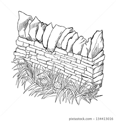 Hand drawn dry stone wall with rough rocks and grass in vintage countryside style isolated on white background for rural landscape themes Hand drawn dry stone wall with rough rocks and grass in vintage countryside style isolated on white background for rural landscape themes 134413016