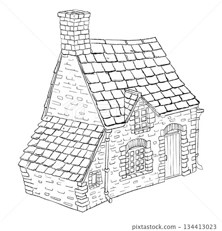 Hand drawn old stone cottage house with chimney tiled roof and wooden door in vintage countryside architectural style Hand drawn old stone cottage house with chimney tiled roof and wooden door in vintage countryside architectural style 134413023