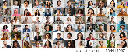A vibrant collection of joyful individuals from various backgrounds and cultures. Each person radiates happiness, celebrating diversity in a modern, welcoming environment. A vibrant collection of joyful individuals from various backgrounds and cultures. Each person radiates happiness, celebrating diversity in a modern, welcoming environment. 134413067