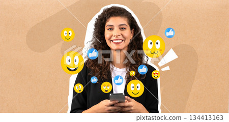 A person is happily engaged in texting on a smartphone, surrounded by cheerful emojis that represent social media interaction. The setting is casual and vibrant, capturing a moment of joy. A person is happily engaged in texting on a smartphone, surrounded by cheerful emojis that represent social media interaction. The setting is casual and vibrant, capturing a moment of joy. 134413163
