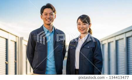 穿著工作服的男士和女士 134413477