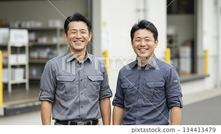 一位微笑的中年男子，身穿工作服 134413479