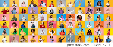A vibrant collection of diverse individuals expresses different emotions and lifestyles against colorful backgrounds. Each portrait highlights the beauty of diverse experiences and unity. 134413794