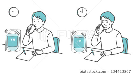 Illustration of laxative use during colonoscopy (a man who is relaxed and a man who is struggling) Illustration of laxative use during colonoscopy (a man who is relaxed and a man who is struggling) 134413867