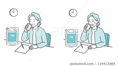 Illustration comparing laxative use during colonoscopy (elderly women who are comfortable and elderly women who are struggling) Illustration comparing laxative use during colonoscopy (elderly women who are comfortable and elderly women who are struggling) 134413869