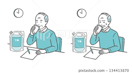 大腸鏡檢查期間使用瀉藥的示意圖（一位老年人輕鬆服用瀉藥，另一位老年人服用瀉藥則較為吃力）。 134413870