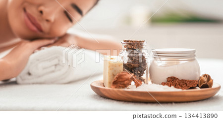 Spa Relax. Calm Asian Woman Resting On Massage Table During Aromatherapy Session In Salon, Enjoying Wellness And Beauty Treatments With Natural Cosmetics, Closeup Shot With Selective Focus 134413890
