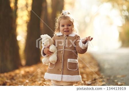 In the autumn forest. Cute little girl is with teddy bear in hands In the autumn forest. Cute little girl is with teddy bear in hands 134413919