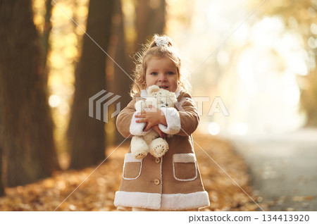 In the autumn forest. Cute little girl is with teddy bear in hands In the autumn forest. Cute little girl is with teddy bear in hands 134413920