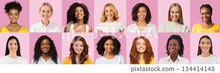 Closeup portraits of multiethnic women of different ages in casual outfits over pink studio backgrounds, collage, panorama. Creative image of attractive smiling multiracial female photos Closeup portraits of multiethnic women of different ages in casual outfits over pink studio backgrounds, collage, panorama. Creative image of attractive smiling multiracial female photos 134414148