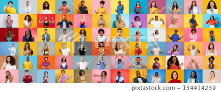 A vibrant collage highlights a diverse group of people, each displaying unique expressions and gestures. 134414239