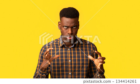 Portrait of annoyed black guy in checkered shirt emotionally gesturing, raising hands and rolling eyes with rage, feeling angry and stressed while standing isolated over yellow background, copy space Portrait of annoyed black guy in checkered shirt emotionally gesturing, raising hands and rolling eyes with rage, feeling angry and stressed while standing isolated over yellow background, copy space 134414261