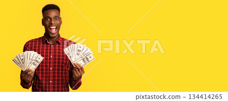 Big Luck. Excited Black Millennial Guy Holding Lots Of Dolar Cash And Exclaiming With Excitement, Joyful African American Man Standing With Money Fans Over Yellow Studio Background, Copy Space 134414265