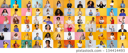 A vibrant collection showcases a diverse group of individuals smiling and engaging in various activities against lively backdrops. This set celebrates diverse lifestyles and unity. 134414493