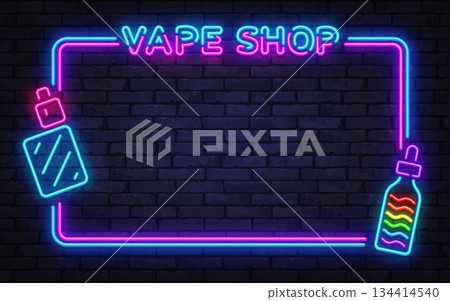 Bright neon vector frame with vape shop sign, e liquid bottles, and glowing accents. Perfect for store banners, promotions, and modern urban branding. 134414540