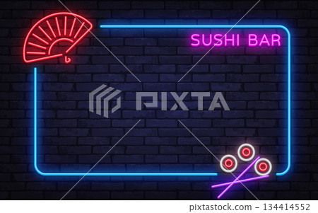 Colorful neon vector frame with sushi bar text, fan symbol, and chopsticks. Great for Japanese cuisine advertising, nightlife posters, and trendy restaurant concepts. 134414552