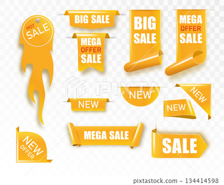 Golden satin ribbon tag. Gold textile label for sale promotion text. Discount and special offer badge. Vector Golden satin ribbon tag. Gold textile label for sale promotion text. Discount and special offer badge. Vector 134414598