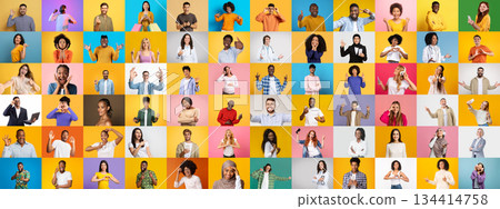 A collage of diverse faces showcasing individuals from different backgrounds. Each person displays unique expressions and gestures, emphasizing the beauty of diversity. 134414758