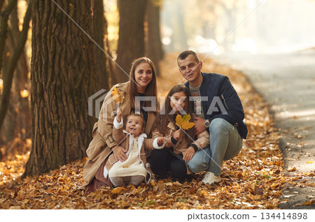 Sitting, posing. Happy family of mother, father and two daughters are in the autumn park, forest, road Sitting, posing. Happy family of mother, father and two daughters are in the autumn park, forest, road 134414898