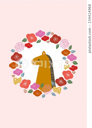 Cute background material with lots of flowers and horse illustrations on a pink background Cute background material with lots of flowers and horse illustrations on a pink background 134414968