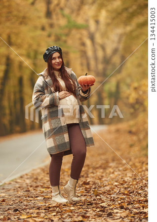 Pregnant woman is standing in the autumn forest Pregnant woman is standing in the autumn forest 134415003