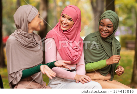 Three Arabic Ladies In Hijab Talking Sitting On Bench In City Park Outdoor Enjoying Conversation. Weekend Leisure, Muslim Ladies Meeting With Friends. Female Friendship Concept 134415016