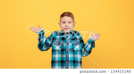 Puzzled red-haired school boy in plaids shirt showing confusion, ginger male kid shrug his shoulders and raising hands up over yellow studio background. Kids, children, teens concept Puzzled red-haired school boy in plaids shirt showing confusion, ginger male kid shrug his shoulders and raising hands up over yellow studio background. Kids, children, teens concept 134415140
