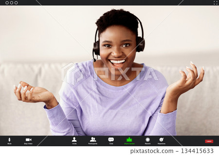 Remote Work And Technology. Black Woman Wearing Headset Having Video Conference, Talking To Camera During Virtual Web Call. Videocall Interface, App Display, Videotelephony And Telecommuting 134415633