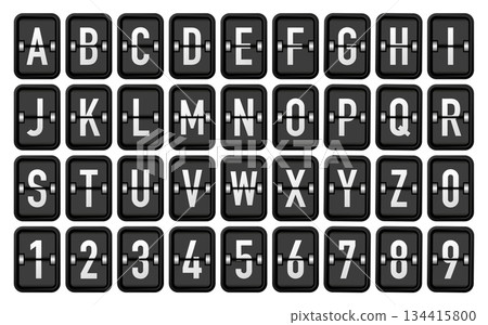 Scoreboard font. Numbers and letters collection for sport games. Flip board mechanical letters. Vector illustration. 134415800