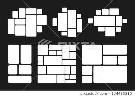 Moodboard layout. Set Pictures or photos frame collage. Photo album template set. White mosaic art grid arrangement. Picture frame composition collection. Vector illustration. 134415810