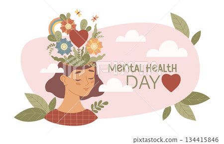 Mental Health Day. Peaceful Woman with Flowers, Heart and Rainbow growing from her mind head. Wellness and Positive, emotional well-being. Self Care and Love poster. Vector Illustration. Not AI Mental Health Day. Peaceful Woman with Flowers, Heart and Rainbow growing from her mind head. Wellness and Positive, emotional well-being. Self Care and Love poster. Vector Illustration. Not AI 134415846