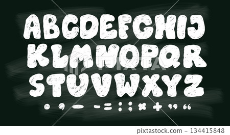 Chalk school board with white textured letters. Isolated Crayon bubble alphabet, punctuation marks and symbols. Playful hand drawn doodles for design back-to-school. Vector illustration. Not AI Chalk school board with white textured letters. Isolated Crayon bubble alphabet, punctuation marks and symbols. Playful hand drawn doodles for design back-to-school. Vector illustration. Not AI 134415848