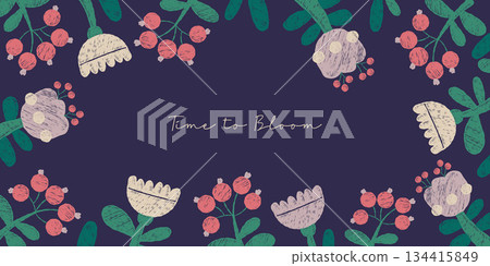 Hand-drawn Crayon Spring Floral Poster. Blooming Flower, Plants and Berry on Dark Background. Primitive botanical Textured Vector horizontal illustration. Not AI 134415849