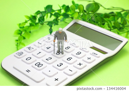 Elderly person with a cane and a calculator Elderly person with a cane and a calculator 134416004