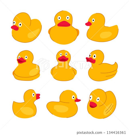Yellow rubber ducks creating a playful bath time toy collection 134416361
