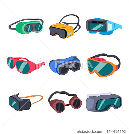 Collection of various protective and innovative eyewear goggles Collection of various protective and innovative eyewear goggles 134416392