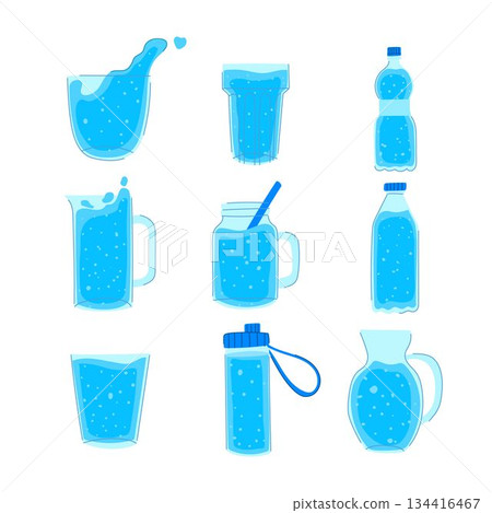 Displaying water in various transparent containers set 134416467