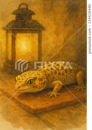 A watercolor painting of a quiet guardian in the night light, a healing night in the warm and warm light. 134416480