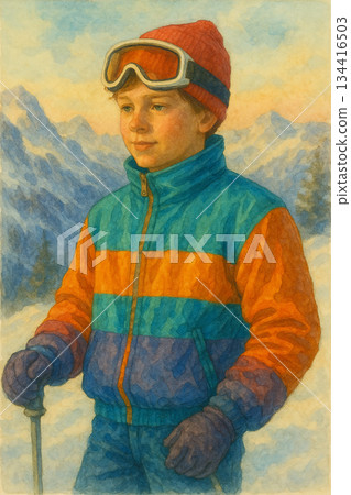 雪山中準備滑雪的少年水彩插畫 134416503